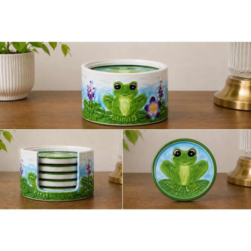 Vintage Frog Ceramic Coaster Set w/ Holder Embossed 5 Coasters Table Top